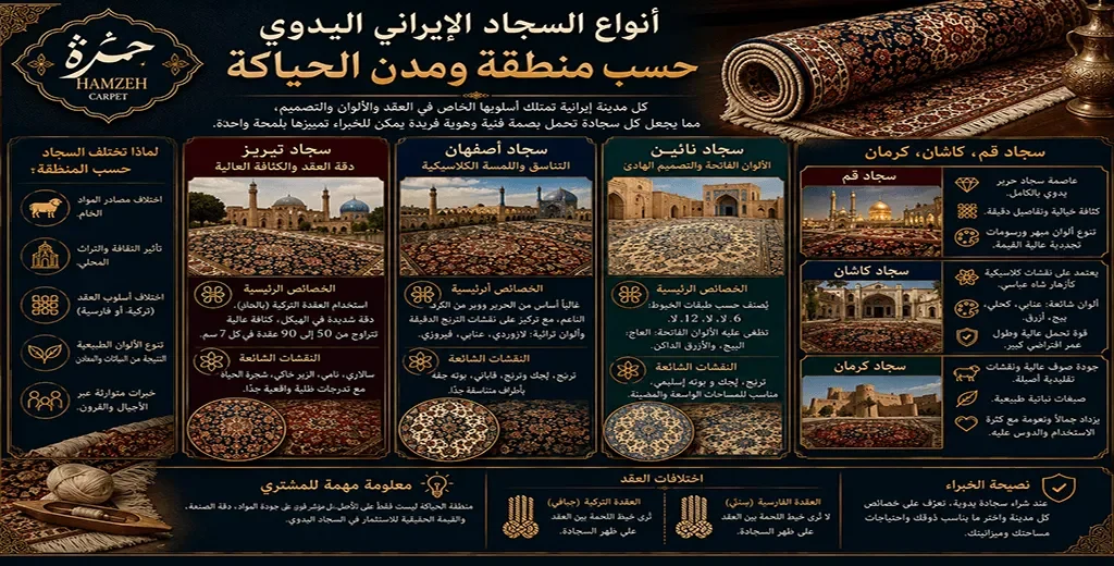 أنواع السجاد الإيراني اليدوي حسب منطقة ومدن الحياكة
