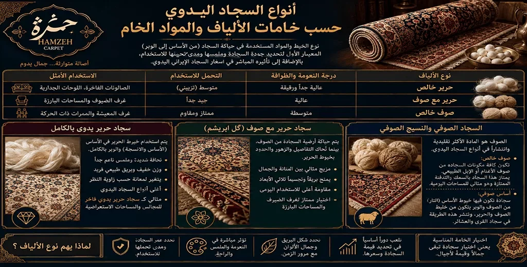 أنواع السجاد اليدوي حسب خامات الألياف والمواد الخام