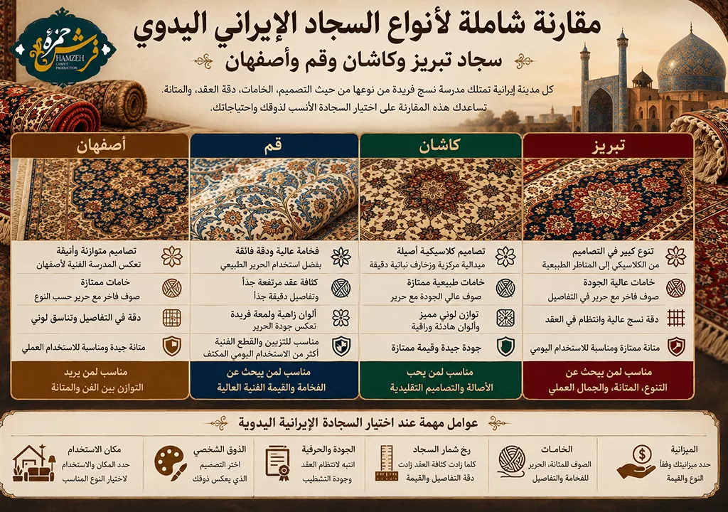 مقارنة شاملة لأنواع السجاد الإيراني اليدوي